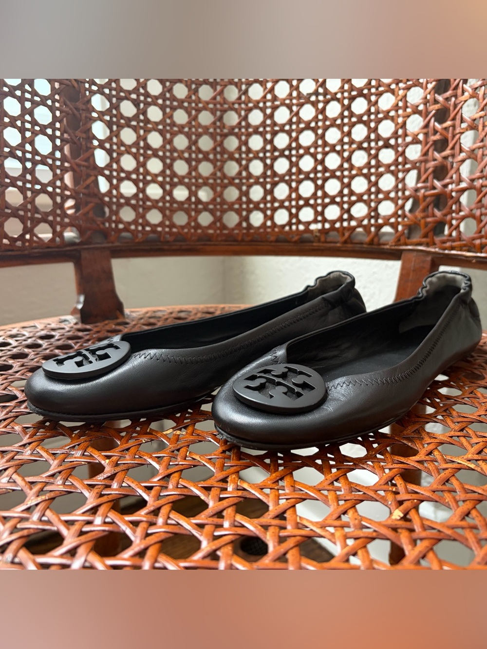 Tory Burch Black Leather Logo Round-Toe Flats - Picture 2 of 6